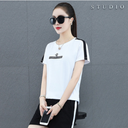 套装女2021夏季新款韩版体恤短袖减龄大码时尚休闲运动套装女女装图3