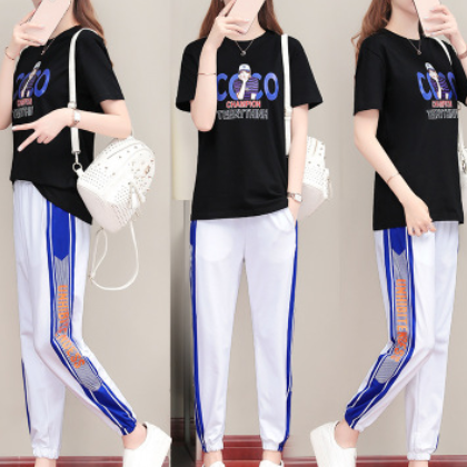 时尚休闲运动女套装2021 夏季新款韩版宽松大码跑步服女装两件套图1
