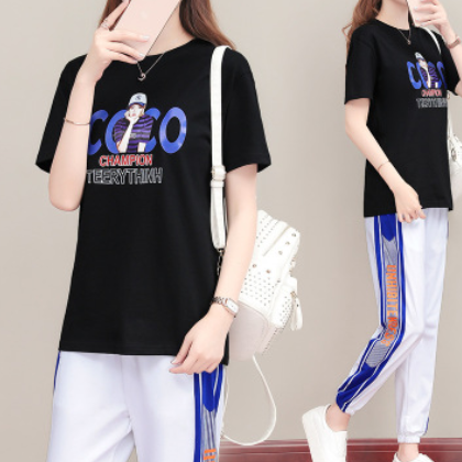时尚休闲运动女套装2021 夏季新款韩版宽松大码跑步服女装两件套图3