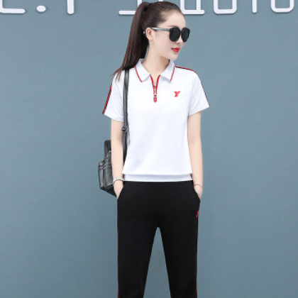 POLO衫时尚休闲套装女2020夏季新款韩版大码减龄运动套装两件套女图2