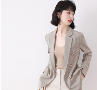 2021春季新款双排扣西装外套女设计感小众小宽松休闲格纹西服图1
