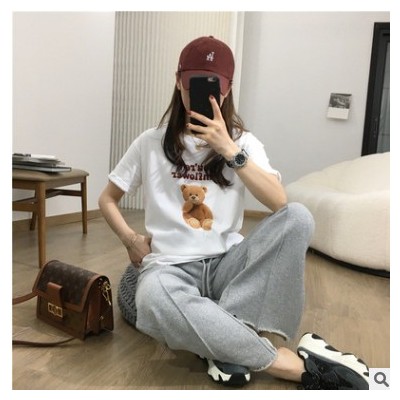 春装新款字母印花小熊棉质短袖T恤女宽松休闲百搭打底衫上衣