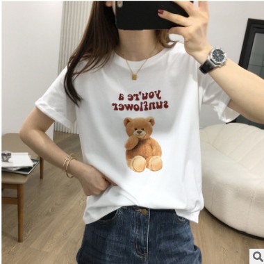 春装新款字母印花小熊棉质短袖T恤女宽松休闲百搭打底衫上衣图3