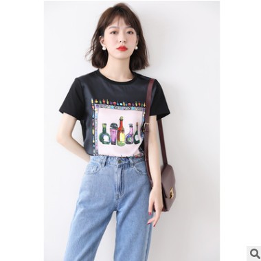 轻奢真丝印花短袖t恤女2021年新款宽松韩版打底白色夏季圆领图2