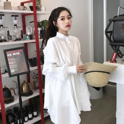 实拍不规则设计款收腰伞状亚麻衬衫女连衣裙图3