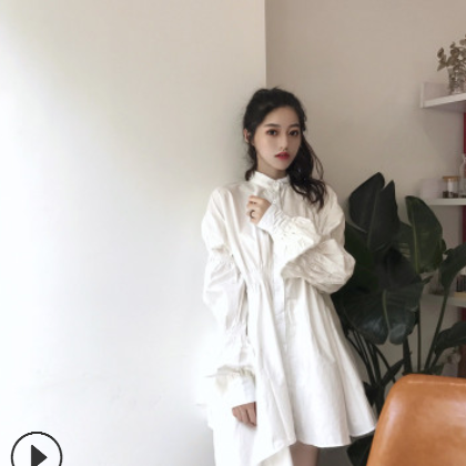 实拍不规则设计款收腰伞状亚麻衬衫女连衣裙图2