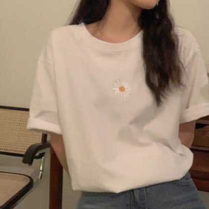 312#情侣T恤新款小皱菊短袖女潮牌白色t恤港味百搭半袖学生衣服潮
