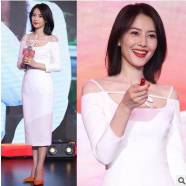 2021明星高圆圆同款白色性感露肩吊带连衣裙气质简约收腰礼服裙女图3