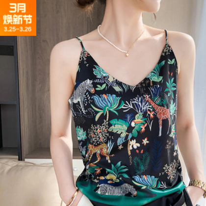 欧货真丝吊带背心女夏外穿潮西装内搭V领打底性感印花桑蚕丝上衣图3