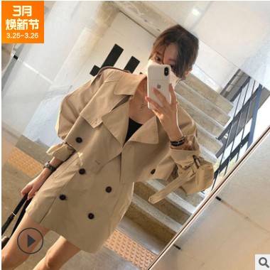 韩国2021春装复古宽松翻领风衣短露脐外套女双排扣短款半身裙套装图3