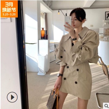韩国2021春装复古宽松翻领风衣短露脐外套女双排扣短款半身裙套装图1