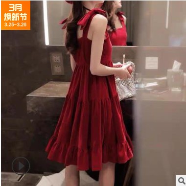 红色吊带连衣裙夏法式初恋甜美春夏桔梗气质仙女仙气超仙森系公主图1