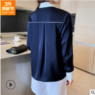2021春装新款撞色蝴蝶结衬衫女长袖气质拼色洋气衬衣遮肚子上衣潮图3