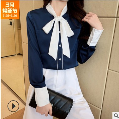 2021春装新款撞色蝴蝶结衬衫女长袖气质拼色洋气衬衣遮肚子上衣潮图2
