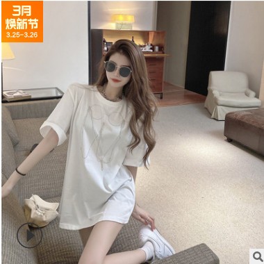 实拍2021 时尚新款韩版重工眼镜钉珠宽松时尚显瘦短袖t恤打底衫女图2
