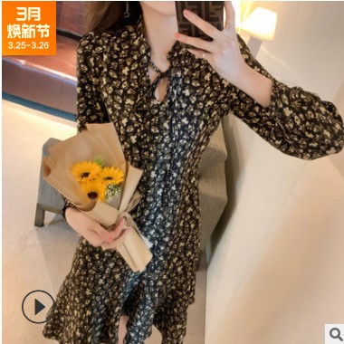 实拍2021春装新款温柔风雪纺连衣裙女中长款超仙法式复古碎花裙子图3