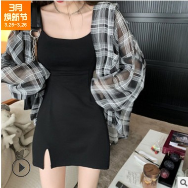 2021 春装新款韩版港味薄款格子衬衣户外 防晒外搭宽松开叉衬衫女图2