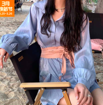 2021 新款蓝色人鱼姬衬衫连衣裙女春夏系带收腰设计感时尚a字裙子图3