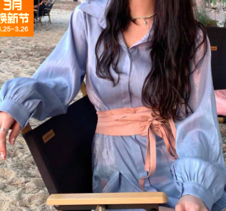 2021 新款蓝色人鱼姬衬衫连衣裙女春夏系带收腰设计感时尚a字裙子图2