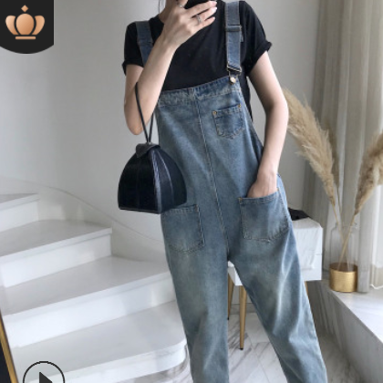 网红牛仔背带裤女2019春夏新款宽松韩版猫爪学生怪兽可爱九分裤图3