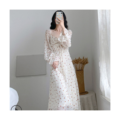 温柔风碎花雪纺连衣裙女2021早春V领喇叭袖高腰显瘦超仙甜美长裙图3