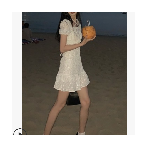 方领白色仙女裙chic温柔小个子短款心机气质收腰亮片连衣裙子女夏图3
