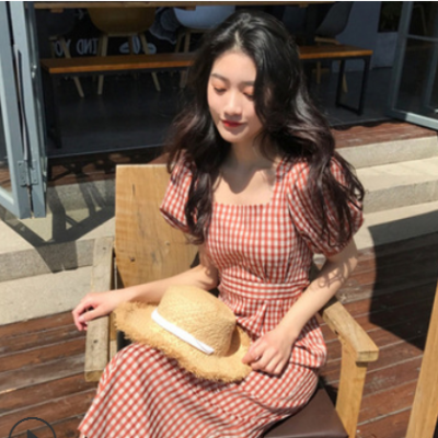 2021新款夏装格子连衣裙短袖少女感小清新减龄森系法式复古过膝裙