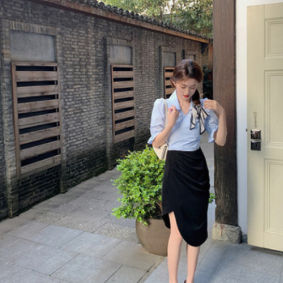 网红 白色短款v领衬衫女夏2021新款泡泡袖收腰上衣洋气短袖衬衣