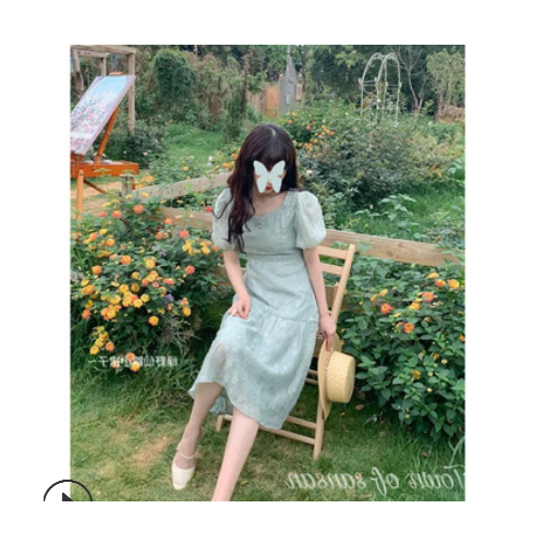 网红夏日青铃宫廷风V领蝴蝶系带复古印花连衣裙女2021年新款 代发图3