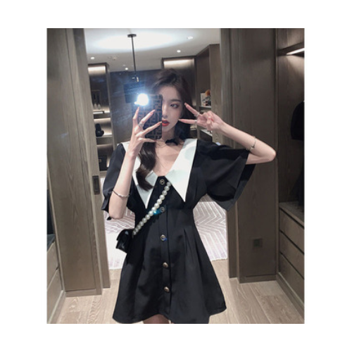 收腰洋气娃娃领连衣裙女2021夏季新款时尚气质减龄裙子短款女装图2