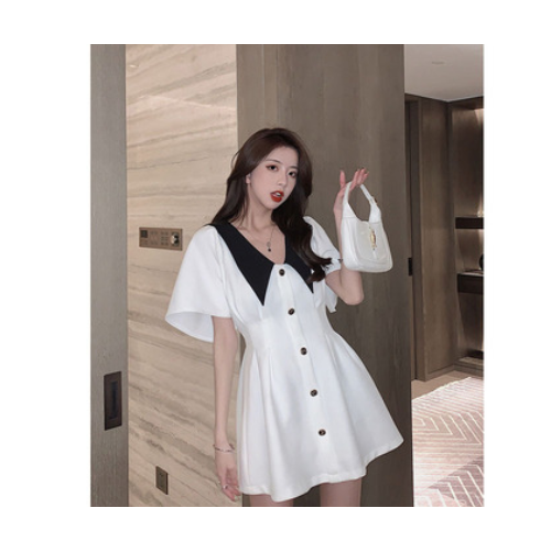 收腰洋气娃娃领连衣裙女2021夏季新款时尚气质减龄裙子短款女装图3