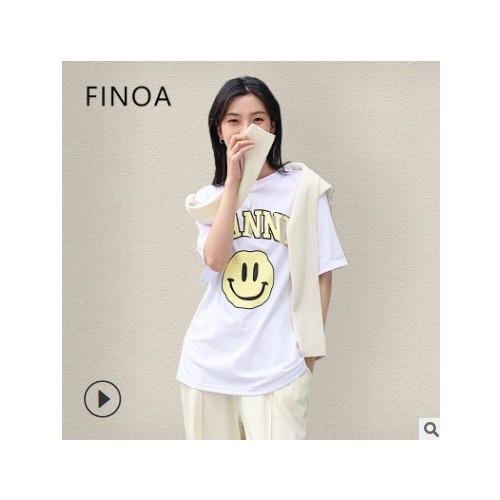 FINOA韩版T恤女装通勤圆领套头宽松型字母短袖棉印花笑脸上衣8275图2