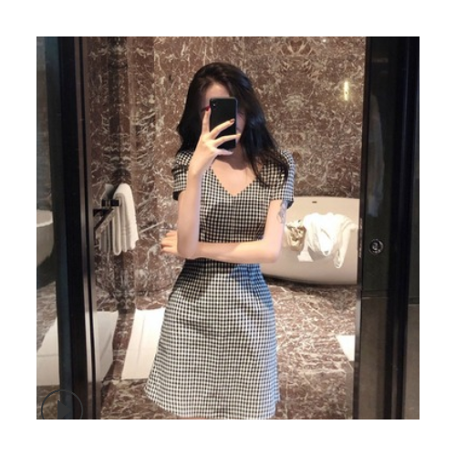 欧洲站2020夏新款女装imiss心机复古修妖显瘦v领格子气质连衣裙女图2