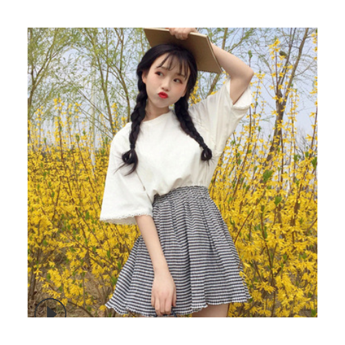 夏季女装蕾丝边短袖t恤女高腰格子半身裙气质两件套装jk百褶A字裙图1