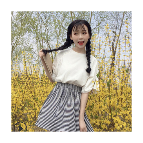 夏季女装蕾丝边短袖t恤女高腰格子半身裙气质两件套装jk百褶A字裙图2