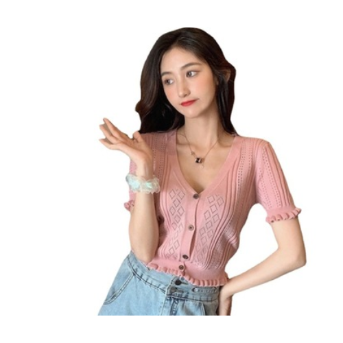 v领短袖T恤女2021夏ins镂空开衫针织衫薄款高腰露脐短款上衣图2