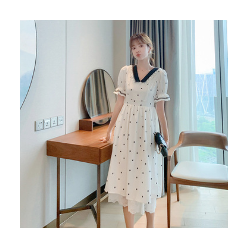 实拍2020夏季新款时尚法式显瘦赫本风波点中长款v领短袖连衣裙女图1
