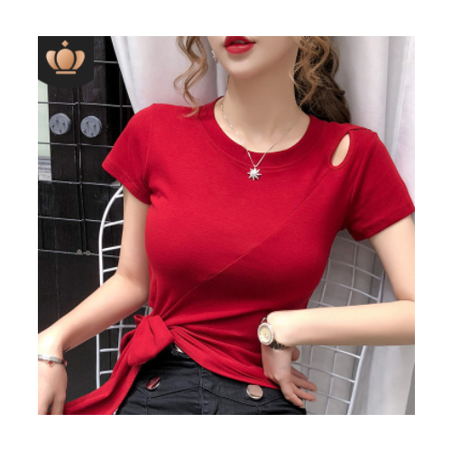 短袖t恤女装2021夏季新款 时尚韩版修身显瘦纯色简约系带打底上衣图1