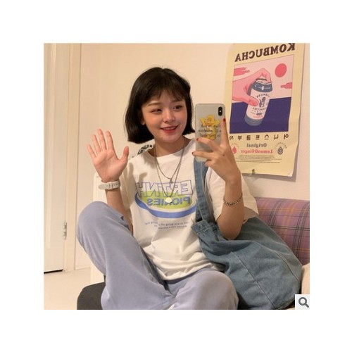 100%纯棉26支夏季新款韩版大码女装圆领宽松短袖t恤印花学生上衣图1