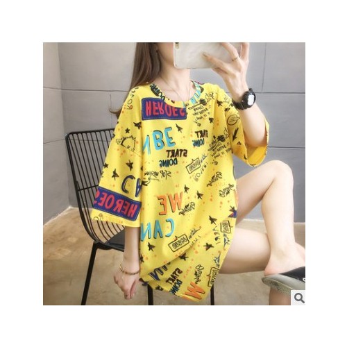 胖mm2021新款学生上衣ins潮夏季印花韩版宽松大码女装短袖t恤女图3