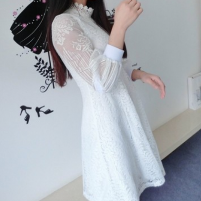 2019春夏女装蕾丝连衣裙镂空中长款韩版长袖气质修身显瘦打底裙子