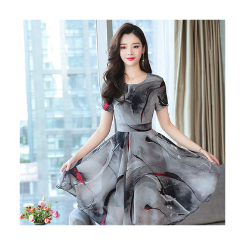 2020连衣裙女收腰修身不规则气质中长裙子雪纺印花温柔仙女裙图2