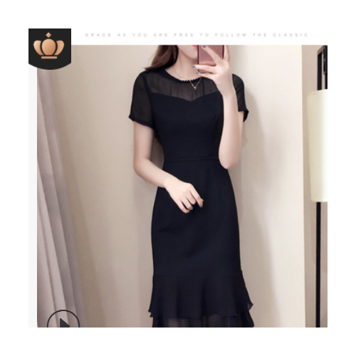 黑色连衣裙女夏2021韩版新款收腰显瘦赫本小黑裙中长款鱼尾裙子图3