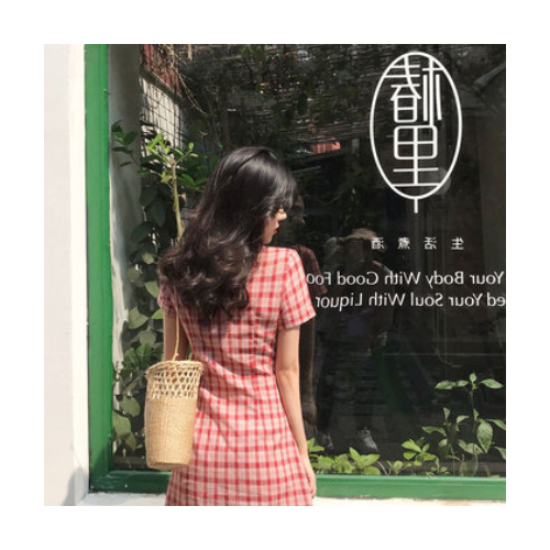 春夏2021款女egg法式初恋很仙a字裙子仙女超仙森系V领格子连衣裙图2