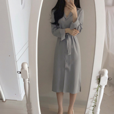 2021早春新款现货韩版甜美西装领单排扣系带纯色长袖连衣裙女