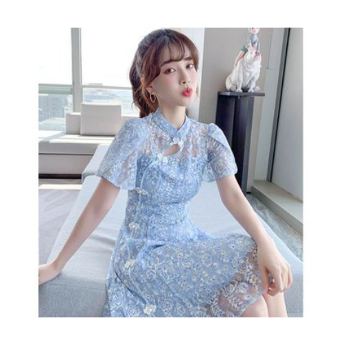 风旗袍改良版连衣裙女2021夏季新款收腰显瘦气质蓝色蕾丝裙子图2