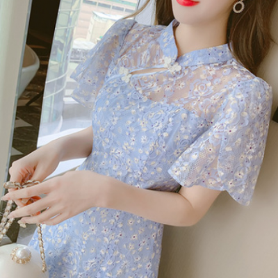 风旗袍改良版连衣裙女2021夏季新款收腰显瘦气质蓝色蕾丝裙子