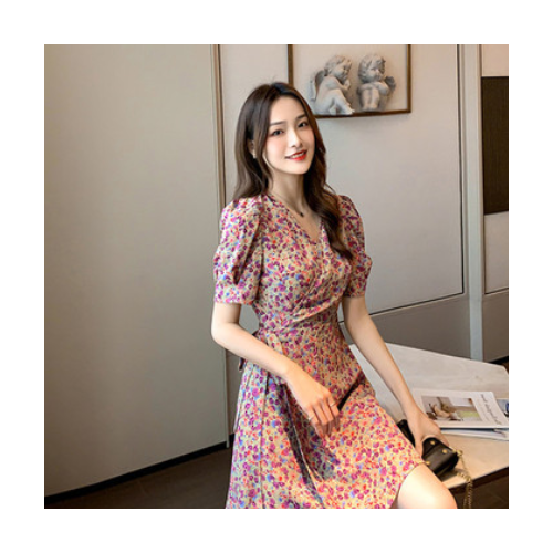 2021春夏季新款女装法式复古V领桔梗裙收腰显瘦短袖碎花A字连衣裙图1
