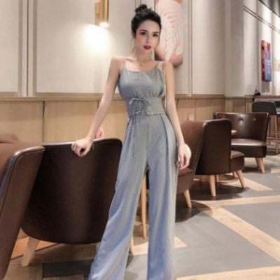 2021年夏季新款韩版女装时尚吊带连体收腰显瘦格子连体裤一件代发