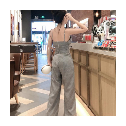 2021年夏季新款韩版女装时尚吊带连体收腰显瘦格子连体裤一件代发图2